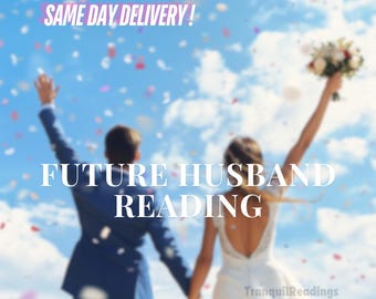 Puede incluir: Una pareja con ropa de boda levanta los brazos hacia un cielo azul lleno de confeti. El texto dice SAME DAY DELIVERY!, FUTURE HUSBAND READING y TranquilReadings. La persona de la izquierda viste un traje azul, la de la derecha un vestido blanco y sostiene un ramo.