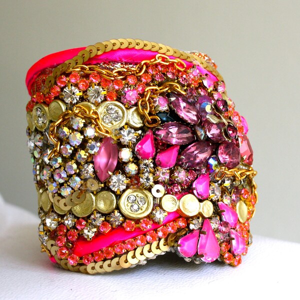 Neon, Gold and Crystal Cuff with Silk and Sequin Detail- Ready to Ship