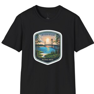 Michigan Mackinac Bridge Unisex Softstyle T-Shirt, Upper Peninsula Souvenir Gift Tee, Great Lakes Travel Shirt, Michigan Bridge Graphic Tee