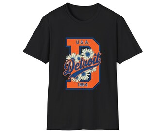 Detroit Floral D Unisex Softstyle T-Shirt, Detroit Baseball Tee, Vintage Detroit Shirt, Flower City Shirt, Detroit Gift, Detroit Sports Tee