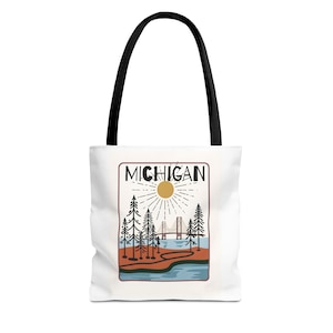 Michigan Great Lakes Tote Bag, Mackinac Bridge, Up North, Personalized - Custom Canvas Bag, Beach Tote, Travel Bag, Shopping Bag, Gift Idea