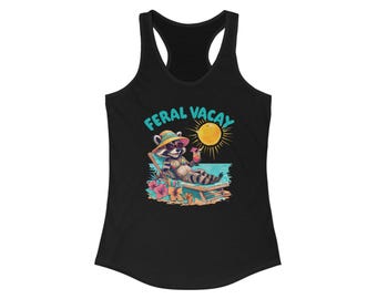 Camiseta sin mangas con espalda cruzada de Feral Vacay, linda camiseta de verano, ropa de playa, ropa de vacaciones, camiseta divertida con animales, regalo para mujeres, viaje de chicas, camiseta sin mangas de mapache salvaje