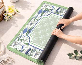 Chinoiserie Mahjong Mat with Carry Bag | Large Portable Mahjong Table Cover | Green & Blue Toile Game Mat | Mahjong Gift for Women