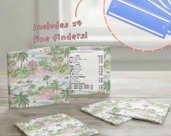 Preppy Mahjong Kartenhalter-Set mit Linienfinder | Pink Palm Mahjong Zubehör | Wasserdichter Kartenschutz | Mahjong Geschenk