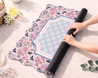 Scalloped Butterfly Garden Mahjong Mat – Pink Chinoiserie Floral Mahjong Table Mat, Butterfly Mahj Gift