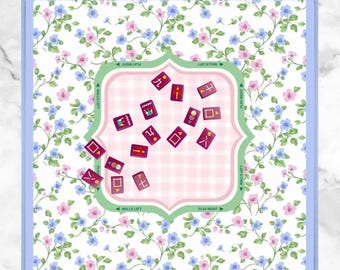 Mata do gry w mahjonga z kwiatowym wzorem i torbą do przenoszenia | Duży, przenośny pokrowiec na stół do mahjonga | Różowo-niebieska mata do gry w mahjonga z kwiatowym wzorem | Prezent do mahjonga dla kobiet