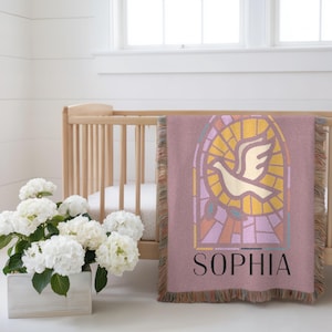 Personalized Baptism Baby Blanket Baptism Christening Blanket for Girl, Woven Baby Blanket with Floral Cross Baptism Floral Cross Baby Gift