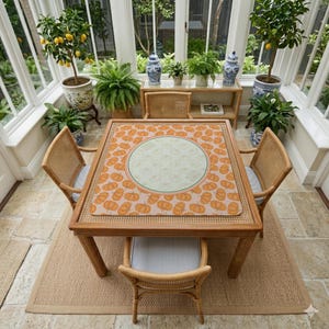 May include: A square wooden table with a pumpkin-themed placemat, surrounded by four wicker chairs with light blue cushions. The room features large windows, potted plants, and a neutral-toned rug, creating a bright and inviting dining area.