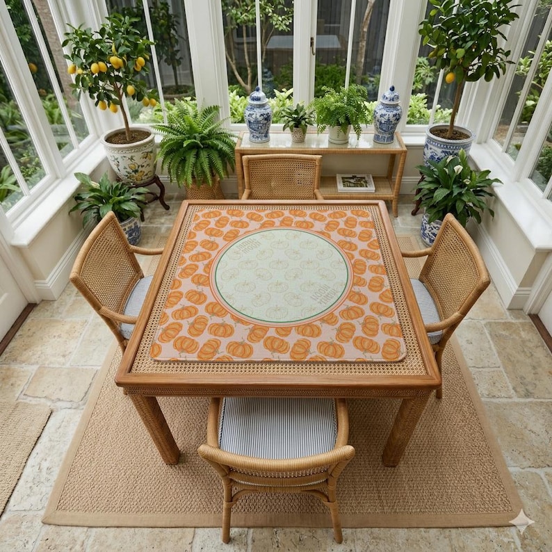 May include: A square wooden table with a pumpkin-themed placemat, surrounded by four wicker chairs with light blue cushions. The room features large windows, potted plants, and a neutral-toned rug, creating a bright and inviting dining area.