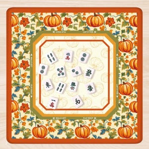 Mahjong Mat Halloween Chinoiserie Style | Mahjong Gift Mat + Bag | Neoprene Non-Slip Game Pumpkin Mat | American Mahjong | Gaming Table Mat