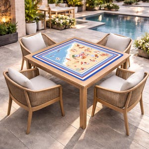 May include: Outdoor dining set featuring a square wooden table with a beach-themed decorative top, surrounded by four woven chairs with white cushions. The set is placed on a patio near a pool, creating a relaxed ambiance.