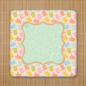 May include: A square mousepad featuring a repeating pattern of small sea turtles in shades of pink, yellow, green, and blue on a light peach background. The center has a large, scalloped-edge frame with a light green water ripple texture.