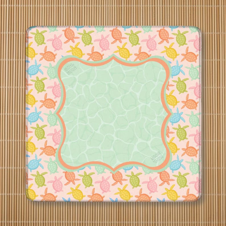 May include: A square mousepad featuring a repeating pattern of small sea turtles in shades of pink, yellow, green, and blue on a light peach background. The center has a large, scalloped-edge frame with a light green water ripple texture.