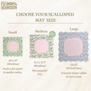 May include: A size guide for scalloped mats by Mahj & Moon, displaying three square mats in small, medium, and large. The small mat is 66 x 66 cm, the medium is 80 x 80 cm, and the large is 83.8 x 83.8 cm. Each mat features a central pink panel.