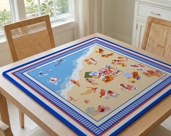 Bright Colorful Beach Mahjong Mat, Blue Maximalist Mah Jongg Game Mat, Table Cover Gift for Mahjong Players