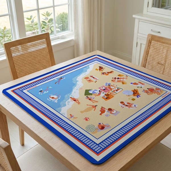 Bright Colorful Beach Mahjong Mat, Blue Maximalist Mah Jongg Game Mat, Table Cover Gift for Mahjong Players
