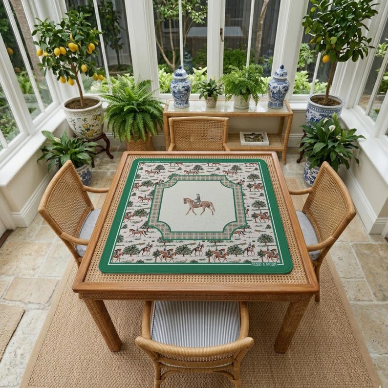 Puede incluir: Un mantel individual cuadrado con una ilustraci&oacute;n central de una persona montando a caballo, rodeada por un patr&oacute;n repetitivo de figuras ecuestres y &aacute;rboles. El mantel tiene un borde verde oscuro y un centro crema con detalles a cuadros.