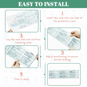 May include: A step-by-step guide with the text "EASY TO INSTALL" shows how to insert a card into a protective case. The instructions are numbered 1 through 4, with accompanying text and illustrations. The final step is labeled "Time to play!"
