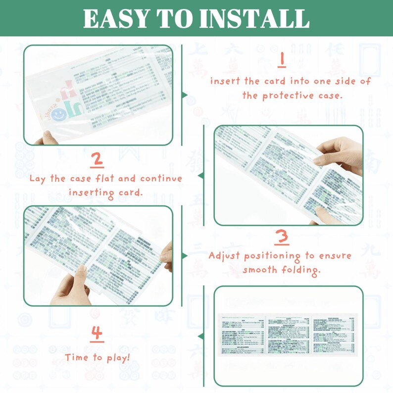 May include: A step-by-step guide with the text "EASY TO INSTALL" shows how to insert a card into a protective case. The instructions are numbered 1 through 4, with accompanying text and illustrations. The final step is labeled "Time to play!"