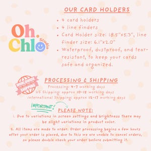 May include: A light pink background with text describing card holders. The text includes the product name, dimensions, and features. The logo for Oh. Chlo Studio is in the upper left corner, and a "Worldwide Shipping" banner is in the lower left.