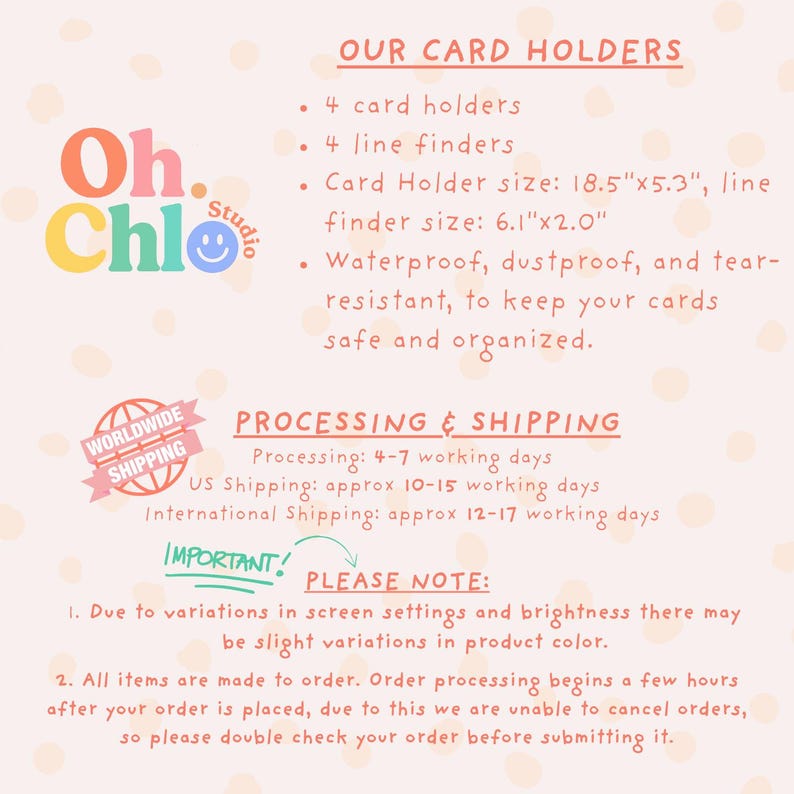 May include: A light pink background with text describing card holders. The text includes the product name, dimensions, and features. The logo for Oh. Chlo Studio is in the upper left corner, and a "Worldwide Shipping" banner is in the lower left.