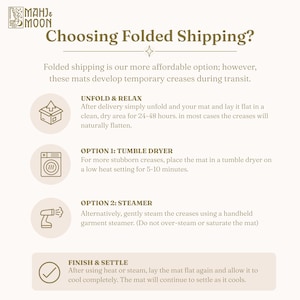Puede incluir: Un gr&aacute;fico informativo con el logotipo de Mahj & Moon titulado Choosing Folded Shipping? Proporciona instrucciones para eliminar arrugas de las alfombrillas, incluyendo desplegar durante 24-48 horas, usar secadora a baja temperatura o un vaporizador.