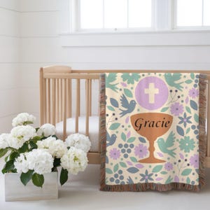 Personalized Baptism Baby Blanket Baptism Christening Blanket for Girl, Woven Baby Blanket with Floral Cross Baptism Floral Cross Baby Gift