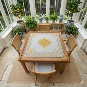 Puede incluir: Una mesa cuadrada de madera con un dise&ntilde;o de sol en la parte superior, rodeada de cuatro sillas de mimbre. La habitaci&oacute;n cuenta con grandes ventanales, plantas en macetas y una alfombra de tonos neutros, creando un ambiente luminoso y aireado.