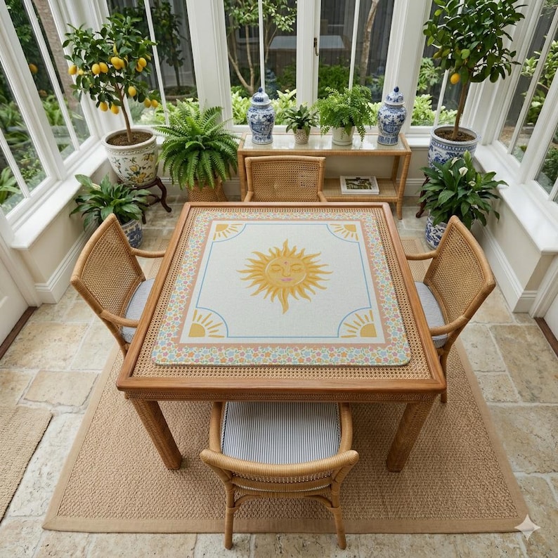 Puede incluir: Una mesa cuadrada de madera con un dise&ntilde;o de sol en la parte superior, rodeada de cuatro sillas de mimbre. La habitaci&oacute;n cuenta con grandes ventanales, plantas en macetas y una alfombra de tonos neutros, creando un ambiente luminoso y aireado.
