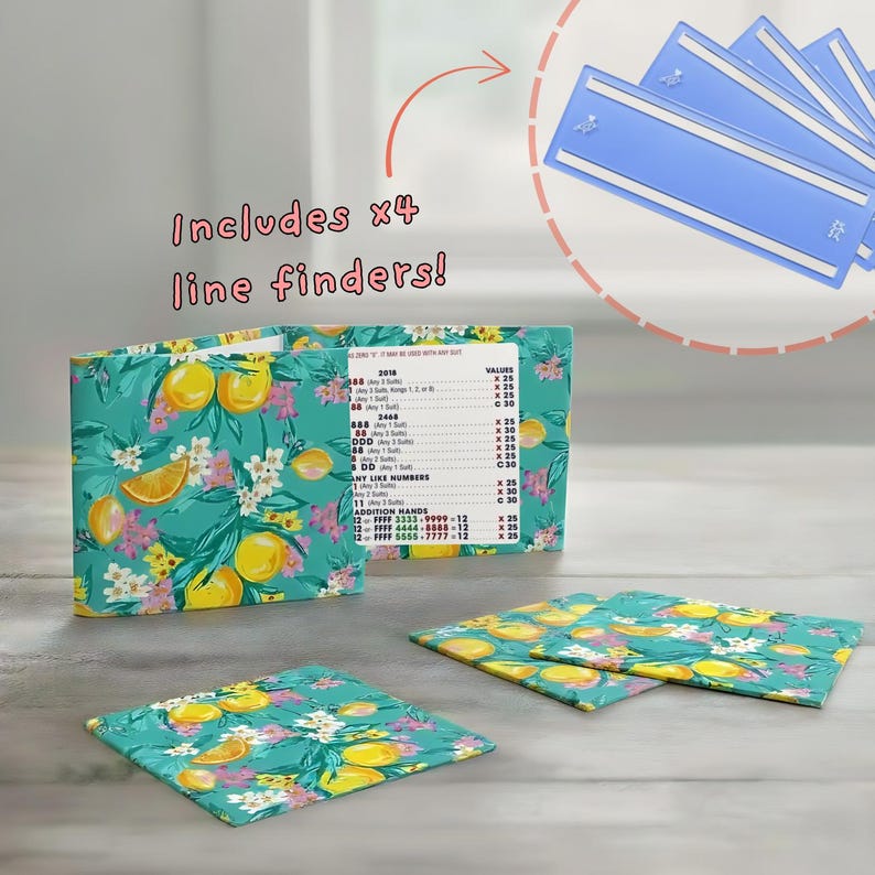 May include: A set of four blue line finders and a set of matching items with a teal background and a lemon and floral pattern. The text "Includes x4 line finders!" is visible.