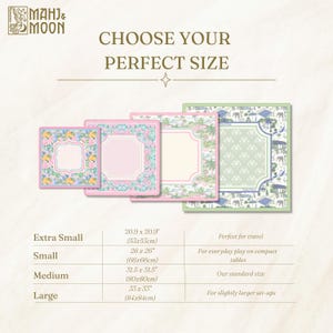 May include: Four square mats in varying sizes with floral and tropical patterns. The text reads CHOOSE YOUR PERFECT SIZE, with a chart listing sizes from 20.9 x 20.9 inches to 33 x 33 inches. The brand name Mahj & Moon is visible at the top left.