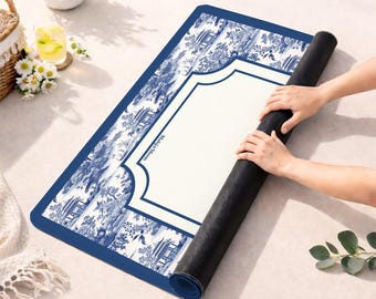 Mahjong Mat Chinoiserie Style | Mahjong Gift Mat + Storage Bag | Pretty Non-Slip Game Mat in Navy Blue | American Mahjong | Gaming Table