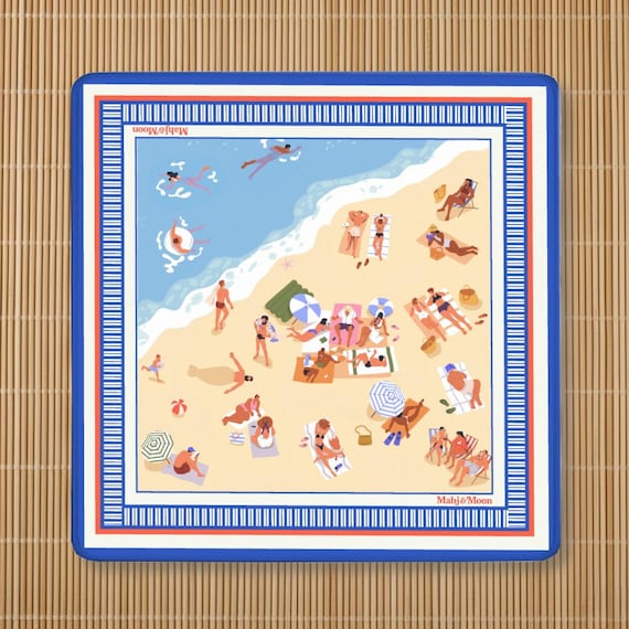 Bright Colorful Beach Mahjong Mat, Blue Maximalist Mah Jongg Game Mat, Table Cover Gift for Mahjong Players