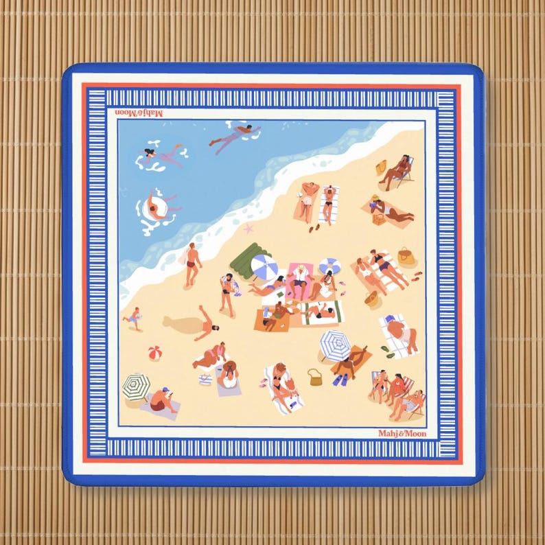May include: Square decorative tray with a beach scene illustration. The image features people sunbathing, swimming, and relaxing on a sandy beach with blue water and umbrellas. The tray has a blue border with red and white stripes and the text "Mahjo Moon".