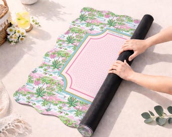Scalloped Palm Toile Mahjong Mat, Pink Mahj Accessories, Coastal Mahj Gift