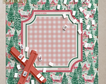 Mahjong Mat Christmas Chinoiserie Style | Mahjong Gift Mat + Bag | Holiday Non-Slip Game Mat in Pink | American Mahjong | Gaming Table Mat
