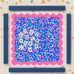 Floral Mahjong Mat with Carry Bag | Large Portable Mahjong Table Cover | Pink & Blue Scallop Game Mat | Mahjong Gift for Women