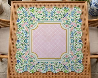 Scalloped Chinoiserie Bird & Floral Mahjong Table Mat, Pastel Mahj Accessories, Cute Mahj Gift