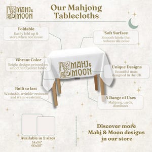 May include: A white Mahj & Moon branded tablecloth draped over a table, featuring a tiger and moon logo. Text highlights features like foldable, soft surface, vibrant color, and durability. Two sizes are listed as 54x54 inches and 60x50 inches.
