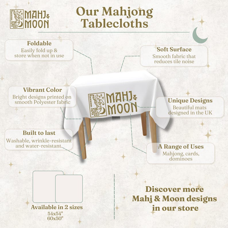 May include: A white Mahj & Moon branded tablecloth draped over a table, featuring a tiger and moon logo. Text highlights features like foldable, soft surface, vibrant color, and durability. Two sizes are listed as 54x54 inches and 60x50 inches.