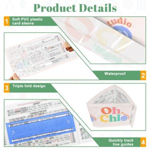 May include: Product details image showing a soft PVC plastic card sleeve, waterproof design, and triple fold design. The image also shows a blue card with text and a white and beige card with the text "Oh. Chloe Studio".
