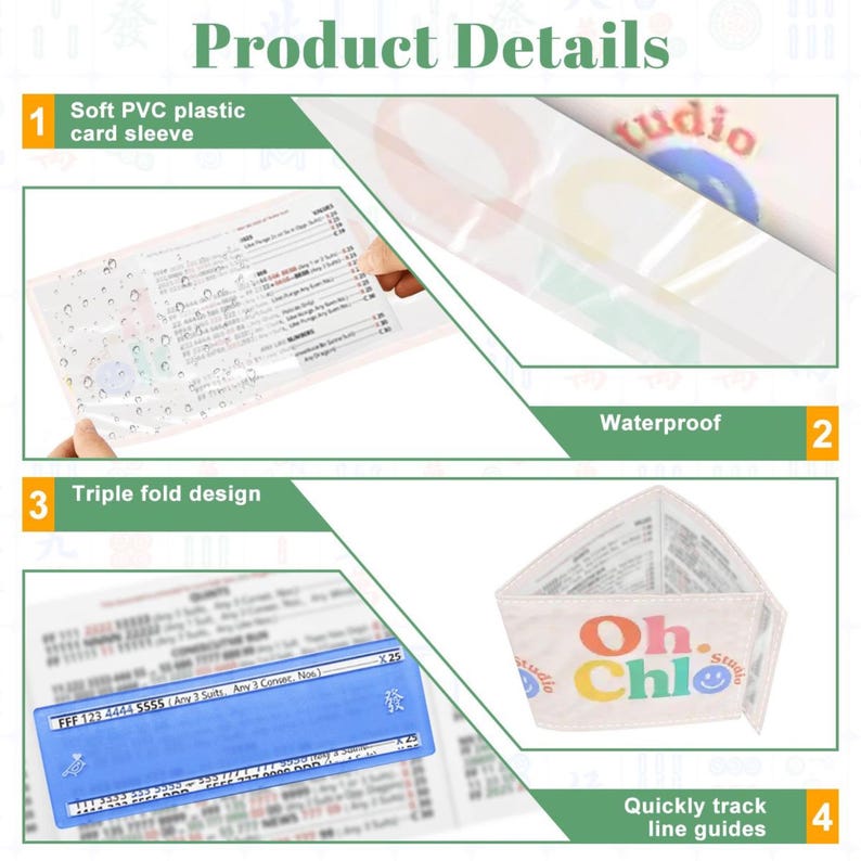 May include: Product details image showing a soft PVC plastic card sleeve, waterproof design, and triple fold design. The image also shows a blue card with text and a white and beige card with the text "Oh. Chloe Studio".