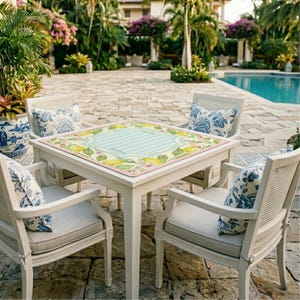 K&ouml;nnte beinhalten: Ein wei&szlig;er quadratischer Gartentisch mit vier passenden St&uuml;hlen. Der Tisch hat eine Tischdecke mit Zitronenmotiv und einem hellblau gestreiften Mittelteil. Die St&uuml;hle haben hellgraue Kissen und blau gebl&uuml;mte Kissen. Die Szene spielt sich im Freien in der N&auml;he eines Pools ab.