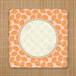 May include: Square mousepad with a pumpkin pattern on a light pink background. The pumpkins are orange with green stems. A central circle features a pumpkin design and the text "MAHJ & MOON".