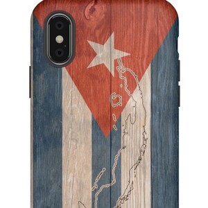 May include: A wooden phone case featuring the Cuban flag design. The case displays the flag's red triangle with a white star, blue stripes, and a map outline of Cuba. The side view shows a matching wooden texture.