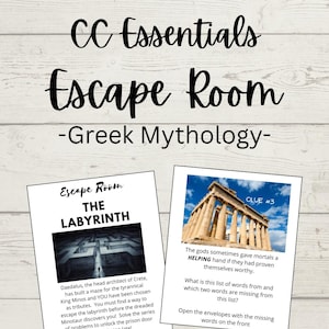May include: Escape room game cards with a Greek mythology theme. The cards feature images of a labyrinth and a Greek temple. The text on the cards includes the words "The Labyrinth" and "Clue #3".