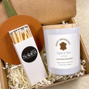 Personalised 3rd Leather Wedding Anniversary Candle Gift Set, Third Wedding Anniversary Keepsake, Gift for Couple Daughter Wife