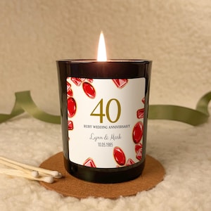 Robijn 40e huwelijksverjaardag kaars cadeauset, gepersonaliseerde sojakaars met naam en datum stel, aandenken voor ouders of grootouders