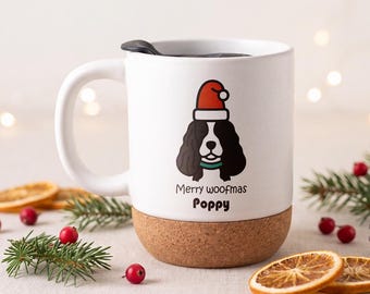 Personalised Spaniel Christmas Mug, Custom Dog Name Ceramic Cup, Merry Woofmas Gift