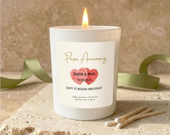 Personalised Paper Anniversary Gift, 1st Wedding Anniversary Candle, First Anniversary Gift for Couple
